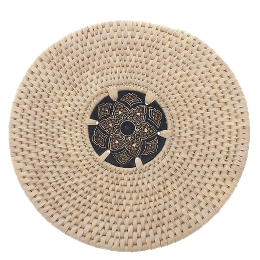 Handwoven Hot Plate Mat – Black & Gold Mandala Design Trivet (12 in, UC-B-35)