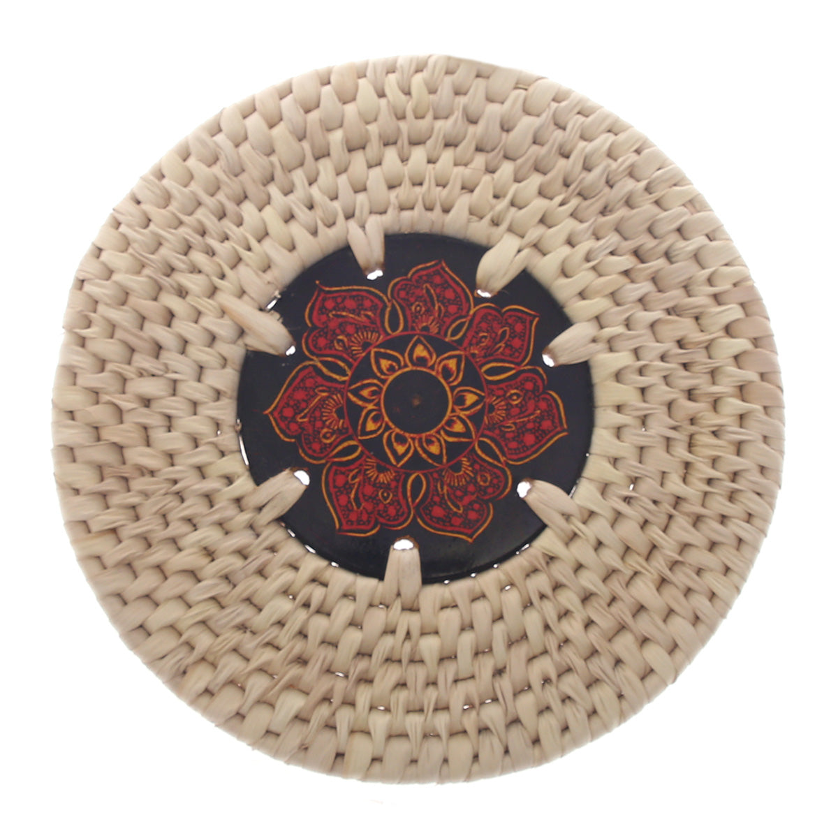 Handwoven Hot Plate Mat – Red & Gold Mandala Design Trivet (6 in, UC-B-39)