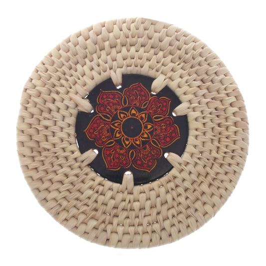 Handwoven Hot Plate Mat – Red & Gold Mandala Design Trivet (6 in, UC-B-39)