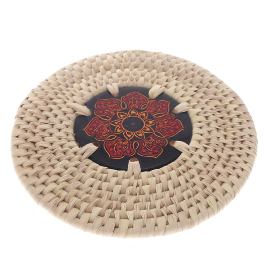 Handwoven Hot Plate Mat – Red & Gold Mandala Design Trivet (6 in, UC-B-39)