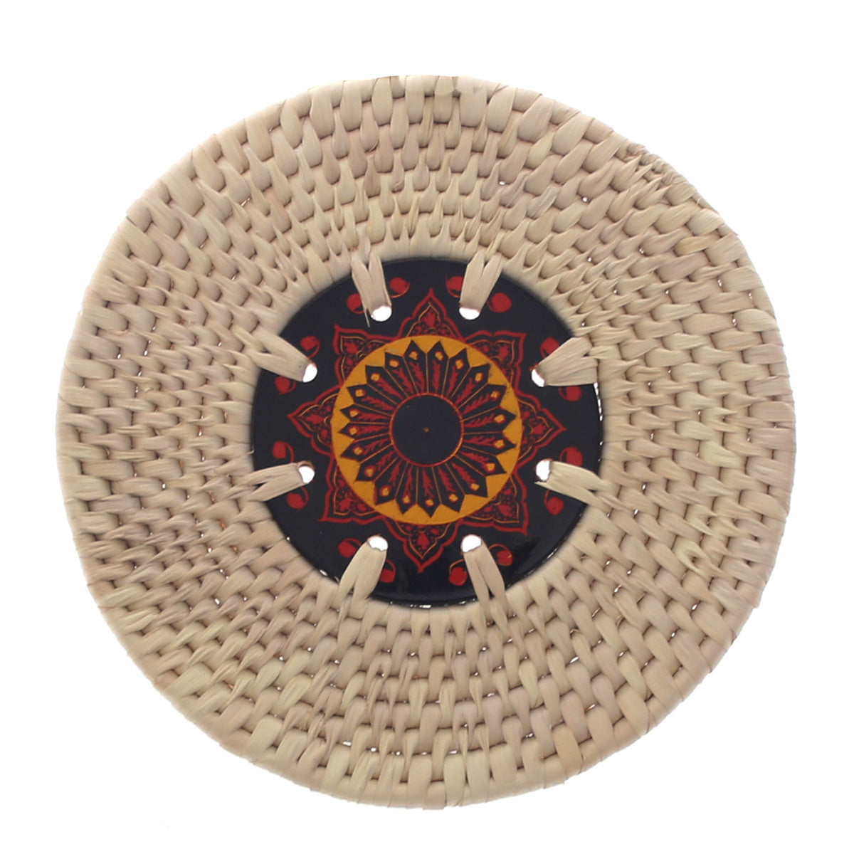 Handwoven Hot Plate Mat – Red &amp; Gold Mandala Design Trivet (8 in, UC-B-37)