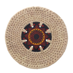 Handwoven Hot Plate Mat – Red &amp; Gold Mandala Design Trivet (8 in, UC-B-37)