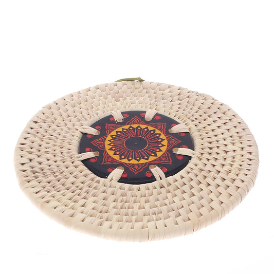 Handwoven Hot Plate Mat – Red &amp; Gold Mandala Design Trivet (8 in, UC-B-37)