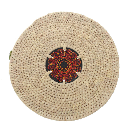 Handwoven Hot Plate Mat – Red &amp; Black Mandala Design Trivet (12 in, UC-B-36)