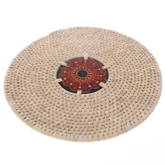 Handwoven Hot Plate Mat – Red &amp; Black Mandala Design Trivet (12 in, UC-B-36)