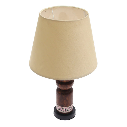 Wooden Table Lamp – White & Pink Printed Base | Classic Beige Shade