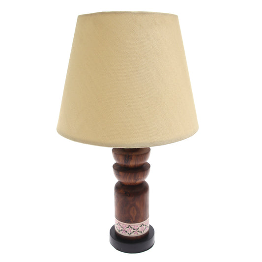 Wooden Table Lamp – White & Pink Printed Base | Classic Beige Shade
