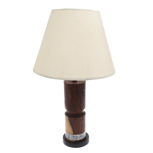 Wooden Table Lamp – White & Blue Printed Base | Classic White Shade