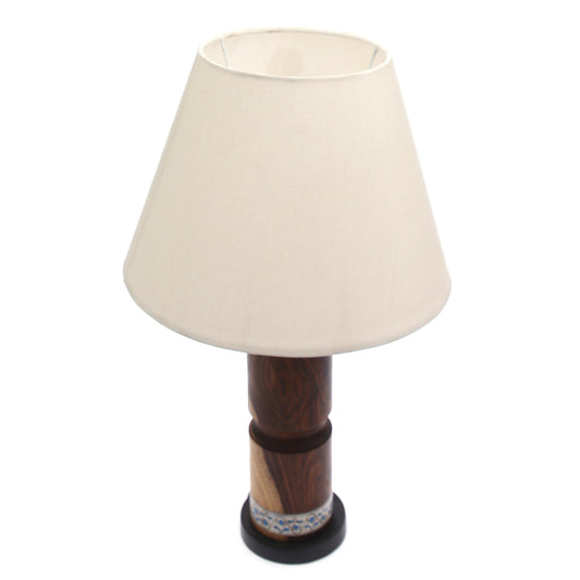 Wooden Table Lamp – White & Blue Printed Base | Classic White Shade