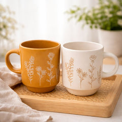 Pack of 2 Mini Ceramic Mug Set  Floral Minimal Design | Small Coffee & Tea Cup Minimalist Tea & Espresso Cups