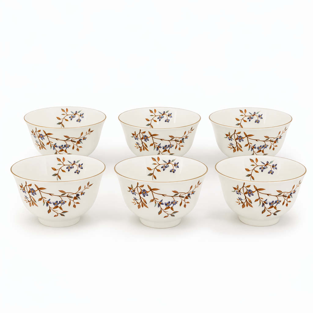 Elegant Floral Ceramic Bowl Set – 6-Piece White & Gold Dining Bowls