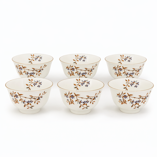 Elegant Floral Ceramic Bowl Set – 6-Piece White & Gold Dining Bowls
