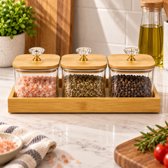 3-Piece Jar Set with Tray & Lids – Decorative Kitchen Storage Jars for Dry Fruits, Nuts, Snacks & Sweets