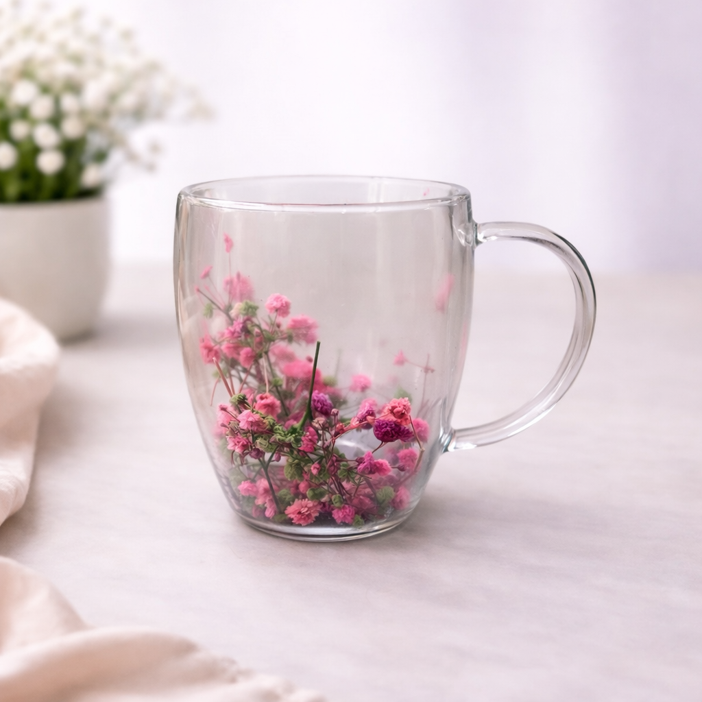 Double Wall Floral Mug – Transparent Tea & Coffee Cup with Dried Flowers
