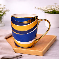 Ceramic Coffee Mug with Gold Handle – Blue & Yellow Swirl Pattern in waves