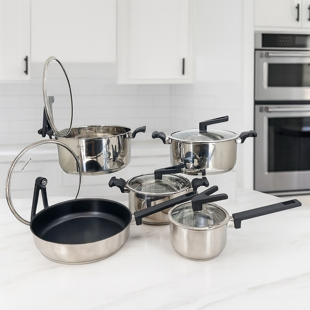 10-Piece Stainless Steel Cookware Set with Glass Lids (V-Knob Design) – Complete Family Cooking Collection