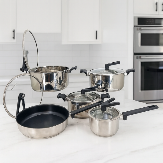 10-Piece Stainless Steel Cookware Set with Glass Lids (V-Knob Design) – Complete Family Cooking Collection