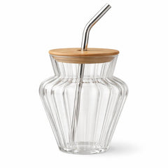 Aqua Blossom Glass Mason Jar – Elegant Ribbed Drink Jar with Wooden Lid & Steel Straw - Habitt
