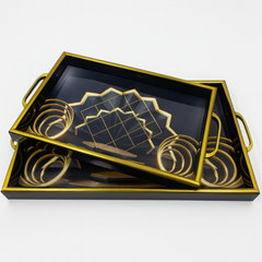 2-Piece Decorative Serving Tray Set | Black & Gold Elegant Rectangular Trays with Handles