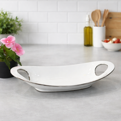 Snack Long Plate – Elegant Curved Serving Platter (Silver & Golden Finish) - Habitt