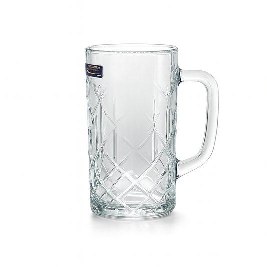 Diamond-Cut Textured Clear Glass Juice Mug 400 ml with Handle – Set of 6 | Premium Patterned Drinkware for Home & Café