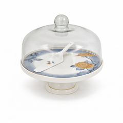 Floral Cake Stand with Glass Cover & Lifter – Elegant Ceramic Dessert Display Set