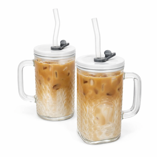 1 Pc Premium Rectangular Glass Tumbler with Straw & Lid – Textured Drinking Mug with Handle - Habitt