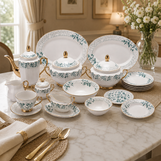 Premium Porcelain Dinner Set with Tea Set & Serving Essentials | Elegant Floral Design with Gold Accents