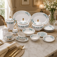 Premium Porcelain Dinner Set with Tea Set & Serving Essentials | Elegant Floral Design with Gold Accents