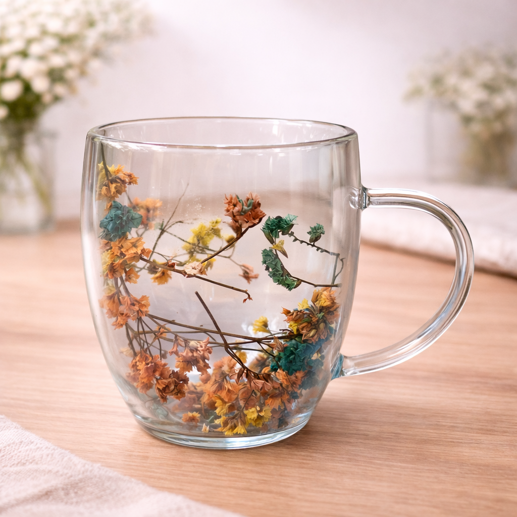 Double Wall Floral Mug – Transparent Tea & Coffee Cup with Dried Flowers