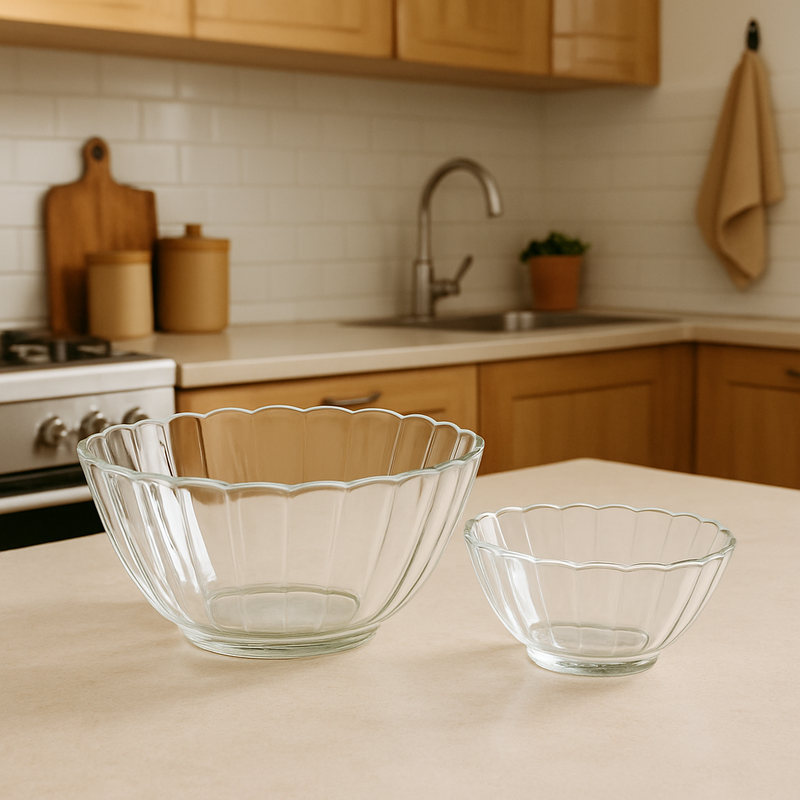 Clear Fluted-Rim Pressed-Glass 7-Piece Fruit Bowl Set – Elegant Classic Serveware - Habitt