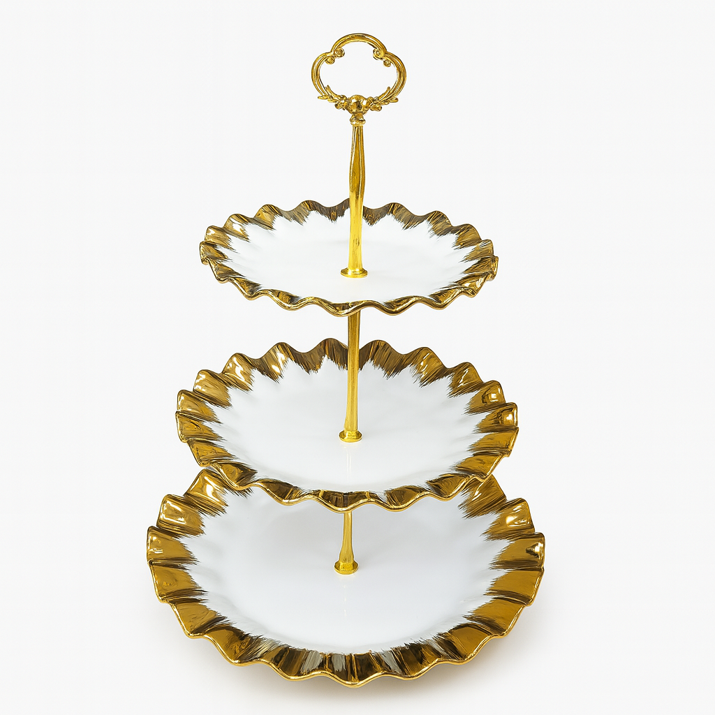 Super Dine 3 Tier – White &amp; Gold Ceramic Dessert Stand
