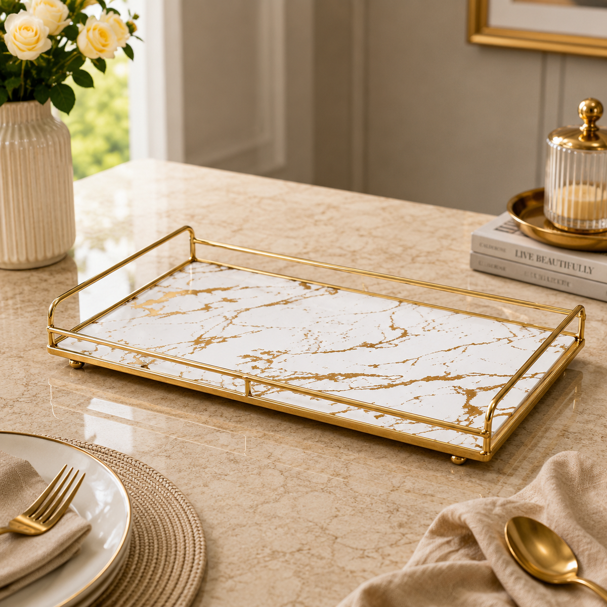 Luxury Gold Decorative Serving Tray with Marble Finish | Premium Rectangular Display Tray