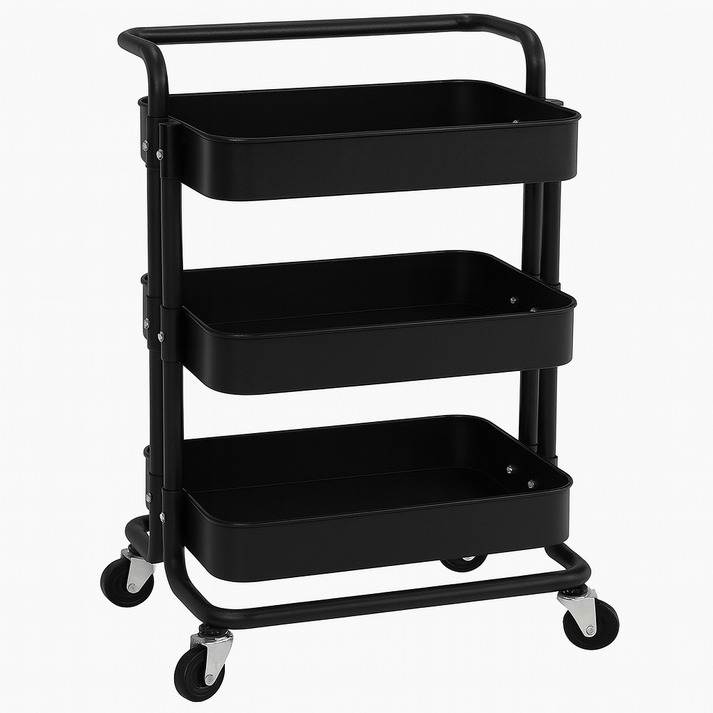 3-Tier Modern Storage Trolley with Wheels – Multi-Purpose Rolling Utility Cart in White &amp; Black | Metal Organizer Rack for Kitchen, Bathroom, Office &amp; Salon