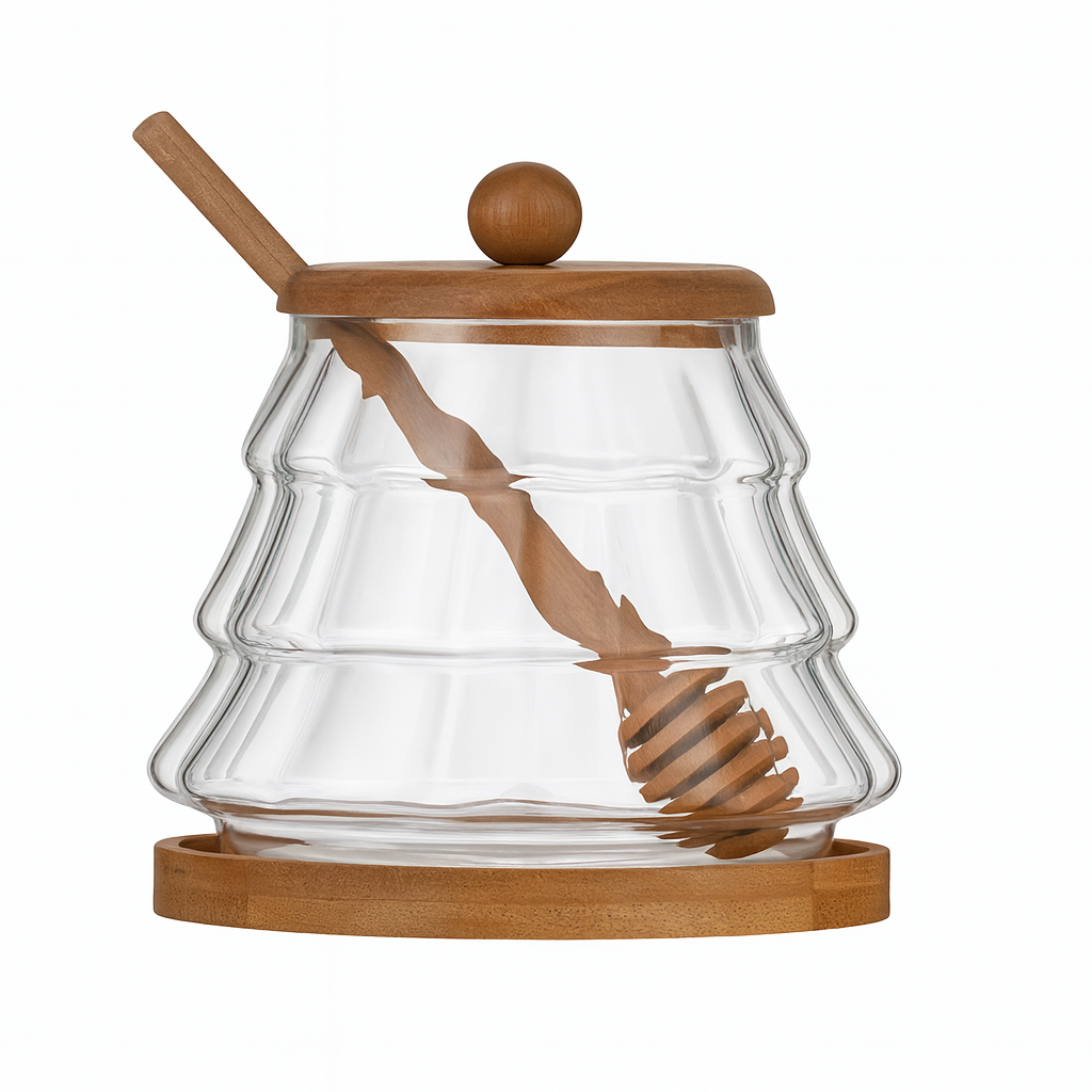 Beehive-Style Glass Honey Jar with Wooden Lid & Dipper — Drip-Free Serving