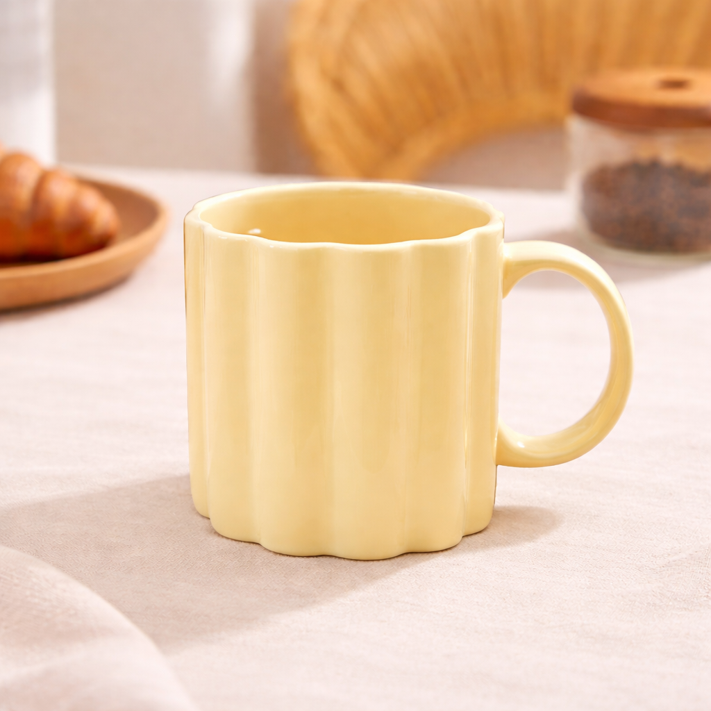 Pastel Yellow Ribbed Ceramic Coffee Mug | Minimalist Textured Tea Cup | Aesthetic Modern Drinkware - Habitt