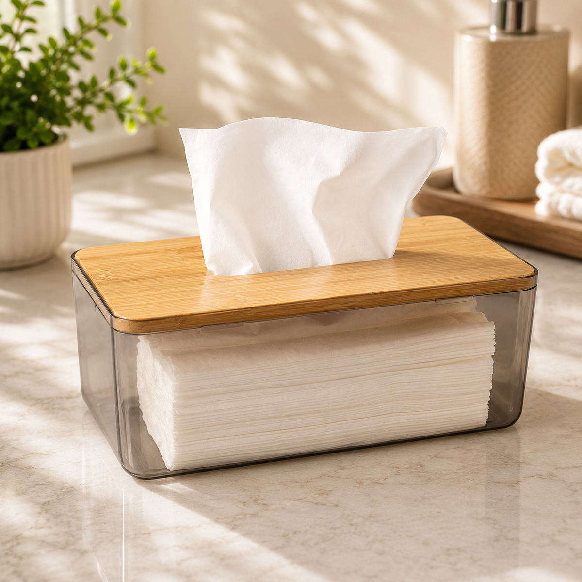 Acrylic Tissue Box with Wood Lid – Clear Decorative Tissue Holder for Living Room, Bedroom, Bathroom & Office