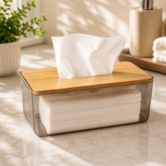 Acrylic Tissue Box with Wood Lid – Clear Decorative Tissue Holder for Living Room, Bedroom, Bathroom & Office