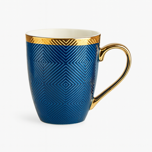 Luxury Embossed Ceramic Mug – Geometric Pattern Coffee & Tea Cup with Gold Rim & Handle in Blue
