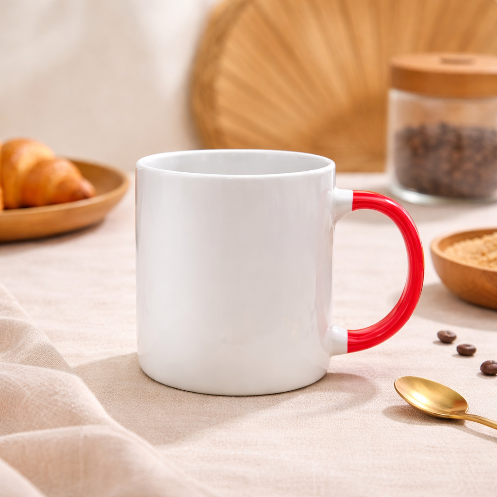 White Ceramic Coffee Mug with Red Handle | Minimalist Contrast Tea Cup | Modern Aesthetic Drinkware - Habitt