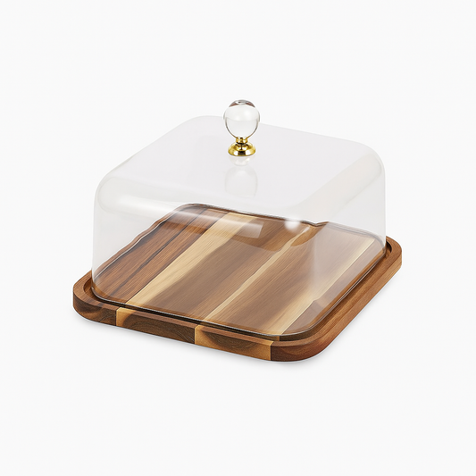 Square Wooden Cake Dish with Glass Dome | Elegant Dessert &amp; Cheese Display Stand