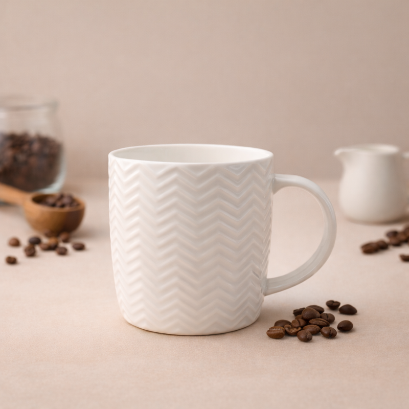White Textured Ceramic Coffee Mug | Elegant Chevron Pattern Tea Cup - Habitt
