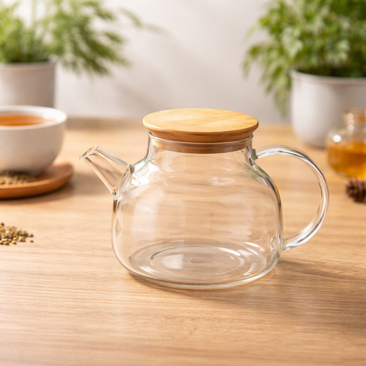Bamboo Lid 800ml Kettle – Modern Clear Tea Pot with Wooden Top & Easy-Pour Spout - Habitt