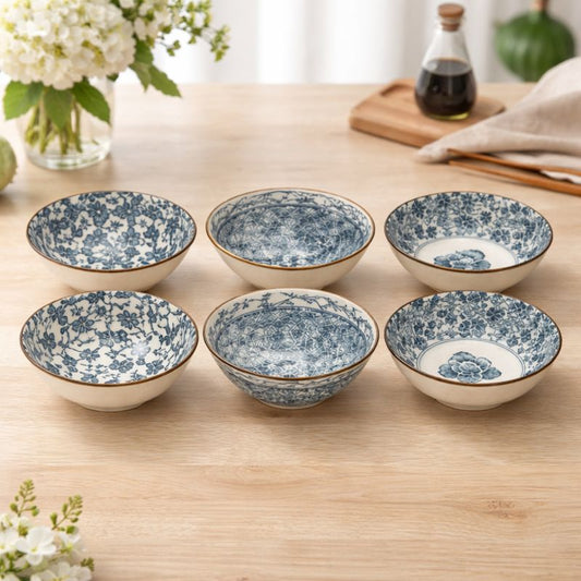 6-Piece Ceramic Bowl Set – Blue & White Floral Patterned Serving Bowls - Habitt