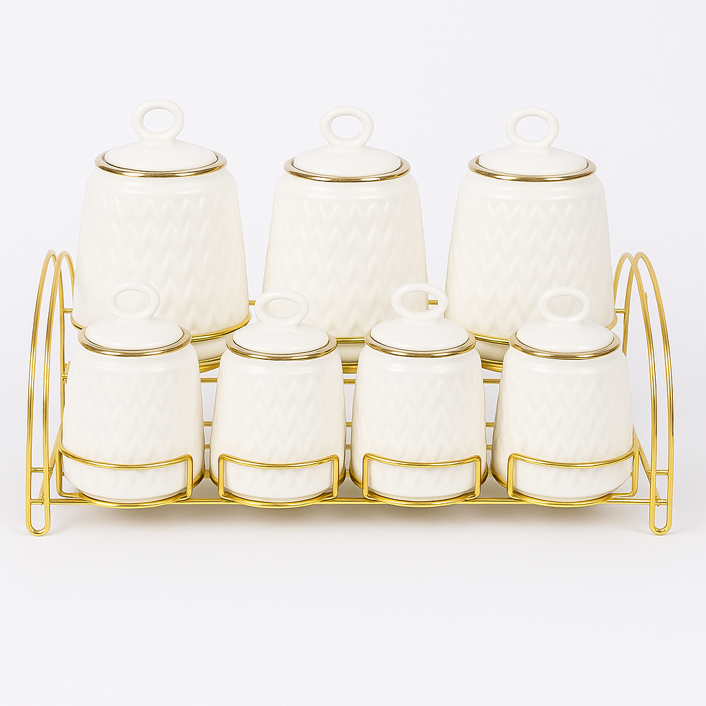 7 Pcs Canister Set with Ceramic Lid 2946 – White Textured Kitchen Storage Jars