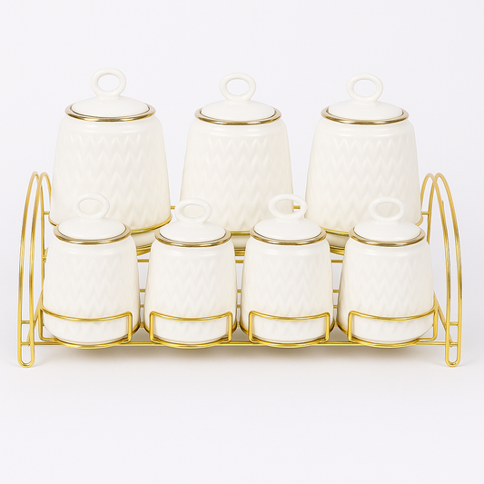 7 Pcs Canister Set with Ceramic Lid 2946 – White Textured Kitchen Storage Jars