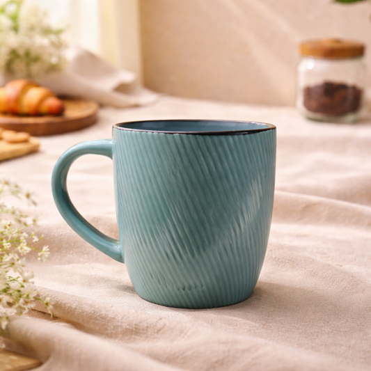 Green Textured Ceramic Coffee Mug | Ribbed Design Tea Cup with Contrast Rim - Habitt