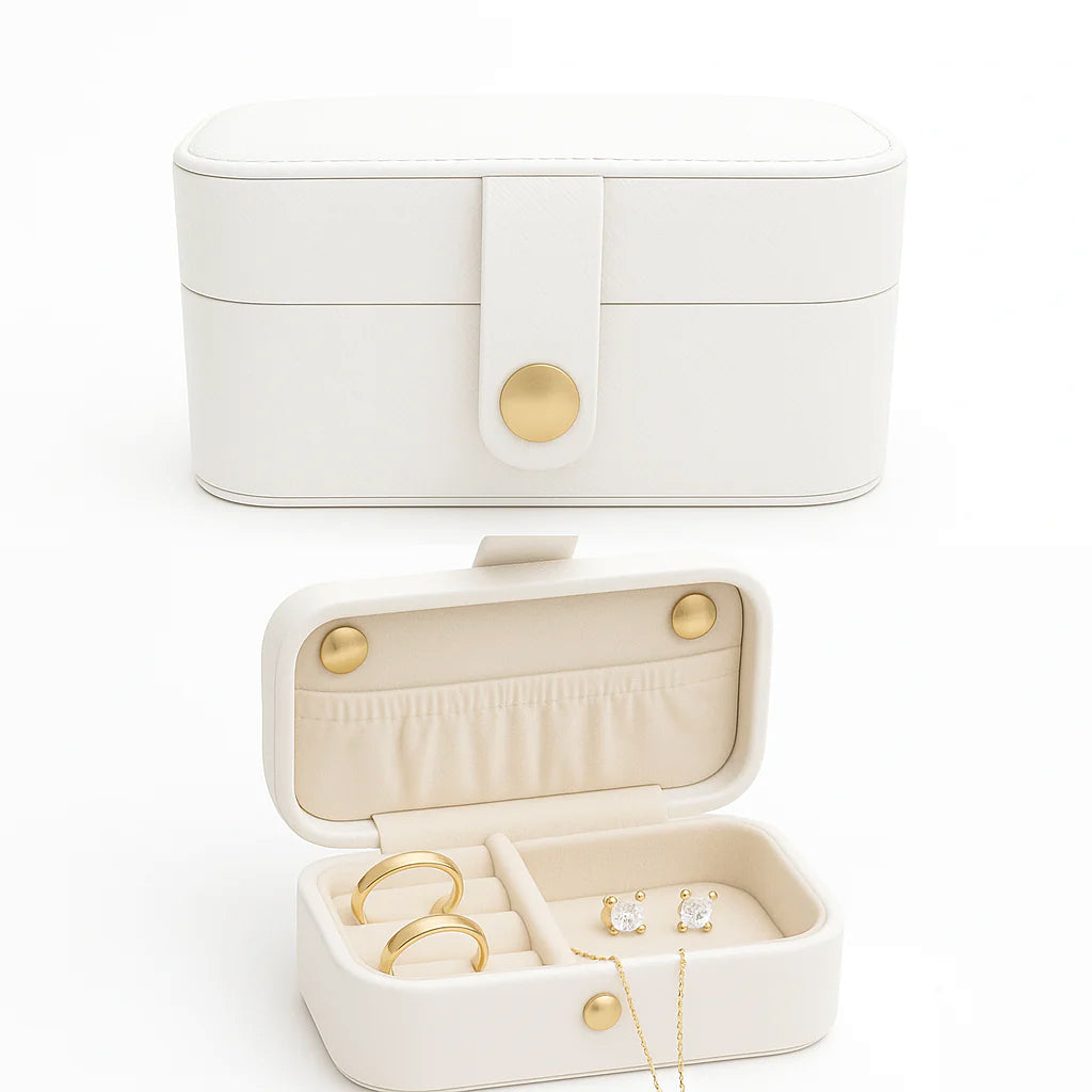 Portable Jewelry Storage Box – White with Gold Button Closure