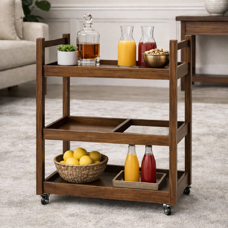 Nysa Solid Wood Tea Trolley with Wheels – 3 Tier Serving Cart, Mobile Kitchen & Dining Storage Rack - Habitt