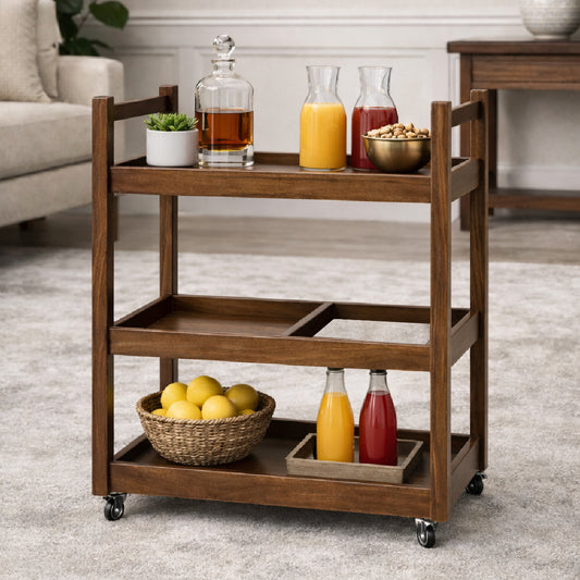 Nysa Solid Wood Tea Trolley with Wheels – 3 Tier Serving Cart, Mobile Kitchen & Dining Storage Rack - Habitt